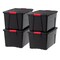 IRIS USA 72 Qt Stackable Plastic Storage Bins with Lids, 4 Pack - BPA-Free, Made in USA - Garage Organizing Solution, Latches, Durable Nestable Containers, Secure Pull Handle - Black